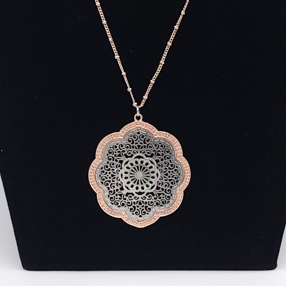Floral Filigree Pendant Necklace Two Tone Rose Gold Silver Station Chain 29-32in - Picture 2 of 5